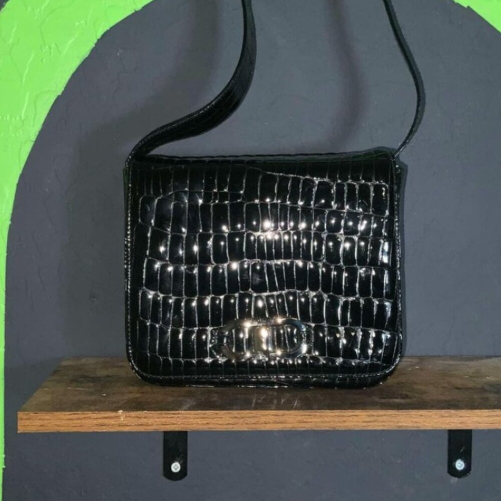 Vintage Salvatore Ferragamo Croc Embossed Leather Shoulder Bag Leather Crossbody